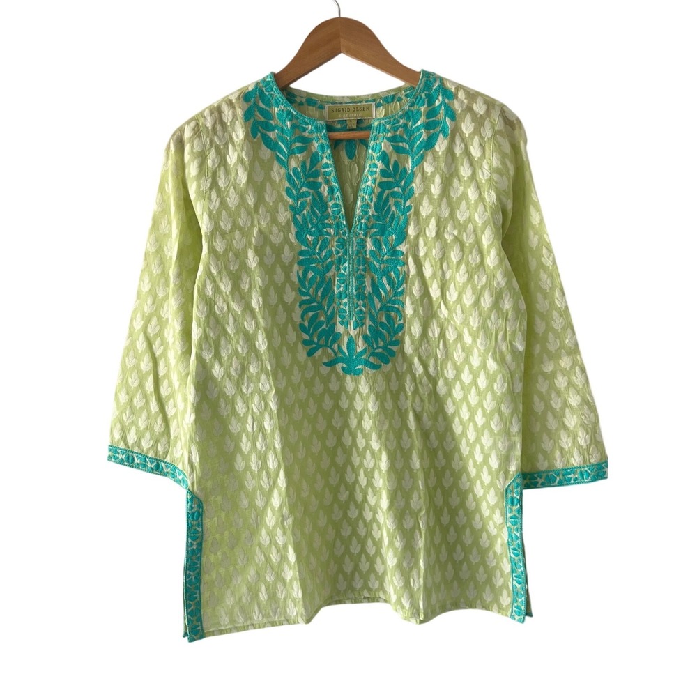 Sigrid Olsen Signature Embroidered Tunic Top Womens S Green Boho Peasant‎